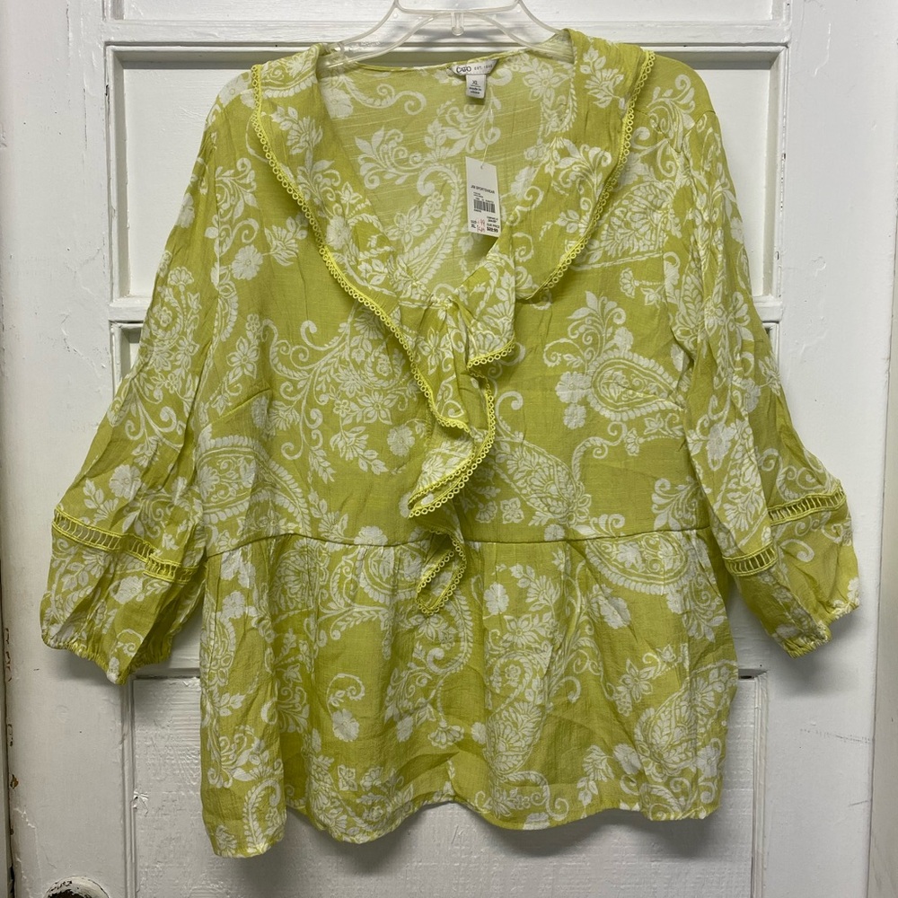 Cato Lime Green and White Paisley Ruffled Peasant Top